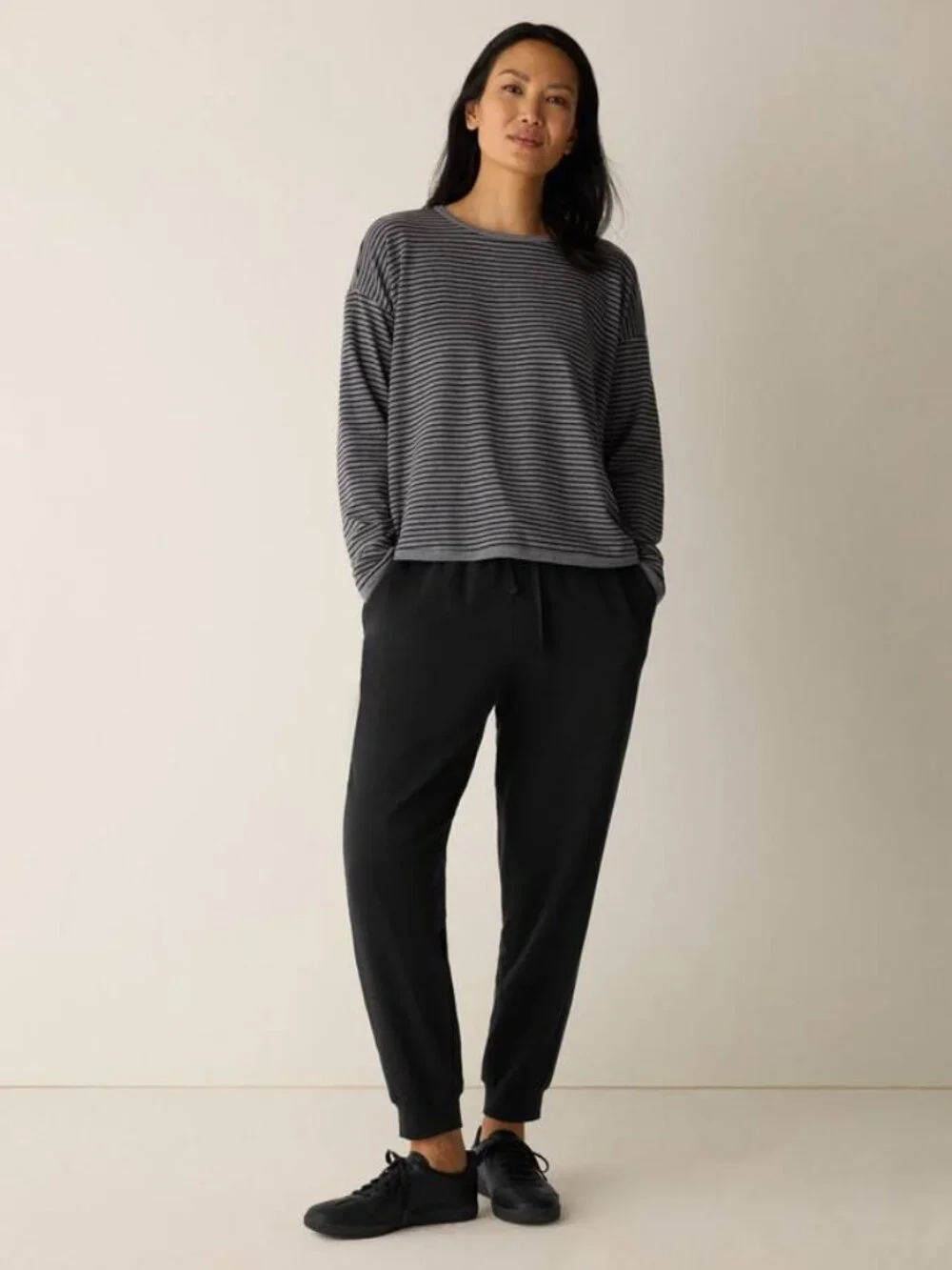 NWT Eileen Fisher Striped Cozy Brushed Terry Box Top Gray Black Size L